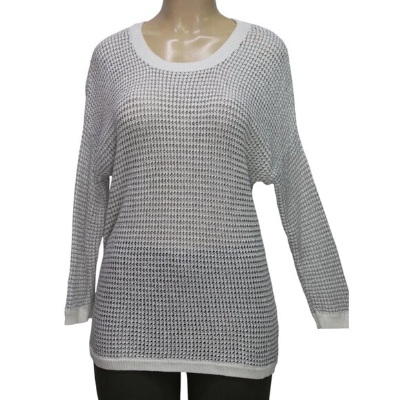 APT 9 L Womens Sweater White Silver Metallic Knit Sheer Pullover Shimmer Top - Picture 8 of 14